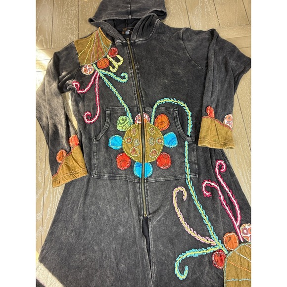 Nepal Embroidered Hoodie Jacket Womens XL Black Boho Festival Handmade Artsy - Picture 3 of 14